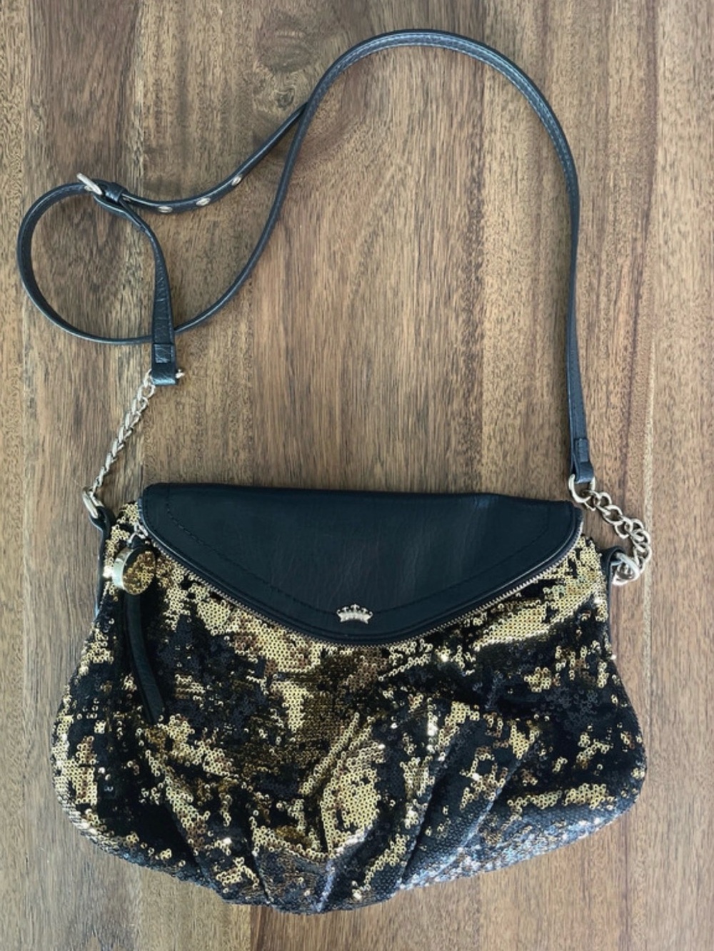 Juicy Couture Sequin Crossbody Bag in Black and Gold - Crown Accent